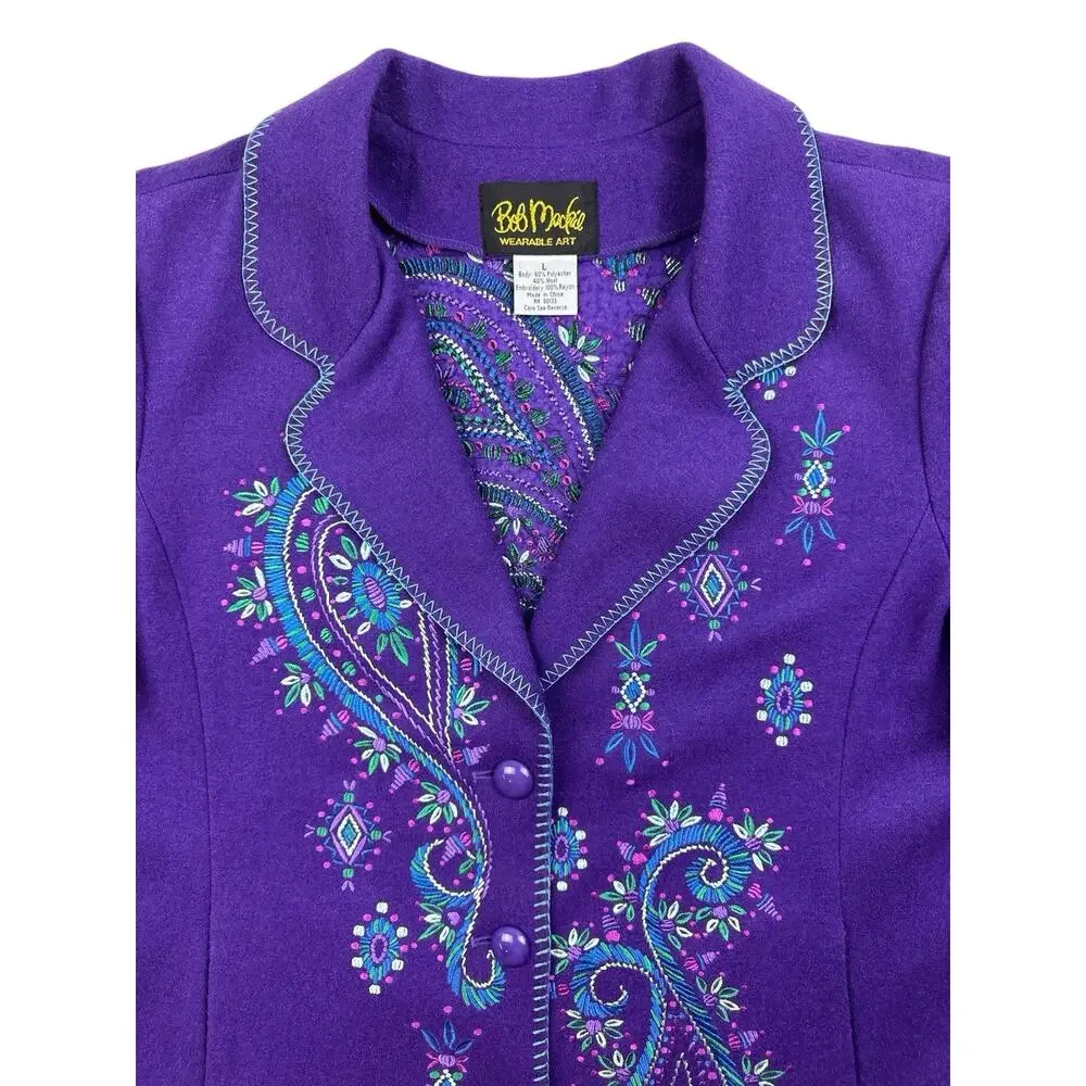 Bob Mackie Blazer Purple Wool Blend Art To Wear Boho Mod Retro Paisley Jacket L - Picture 3 of 10